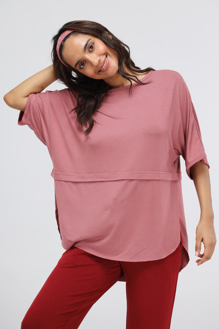 Deco Rose Modal Oversized Lounge Top in cozy pink with stylish design.