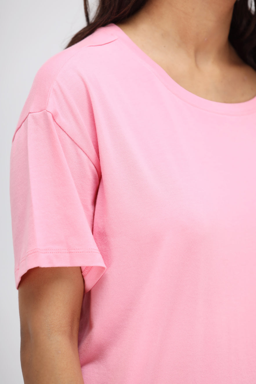 Sachet Pink Supima® T-Shirt Dress close-up of soft fabric and sleeve details.