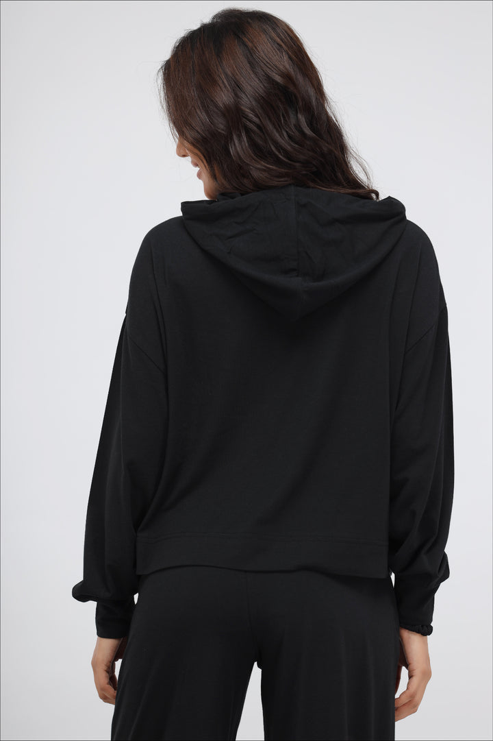 Black Luxflo Travel Hoodie with stylish back view and hood.