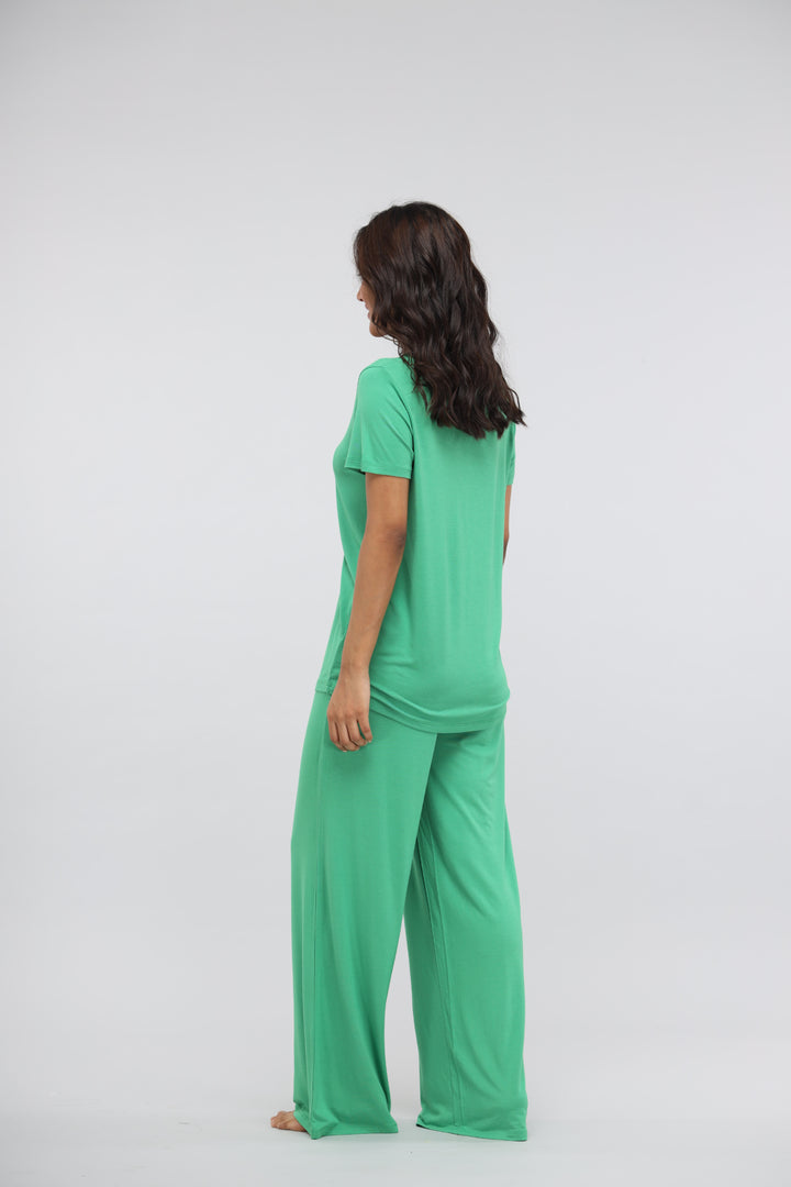 Green Bee Modal Flared Lounge Pant showcased on a model.
