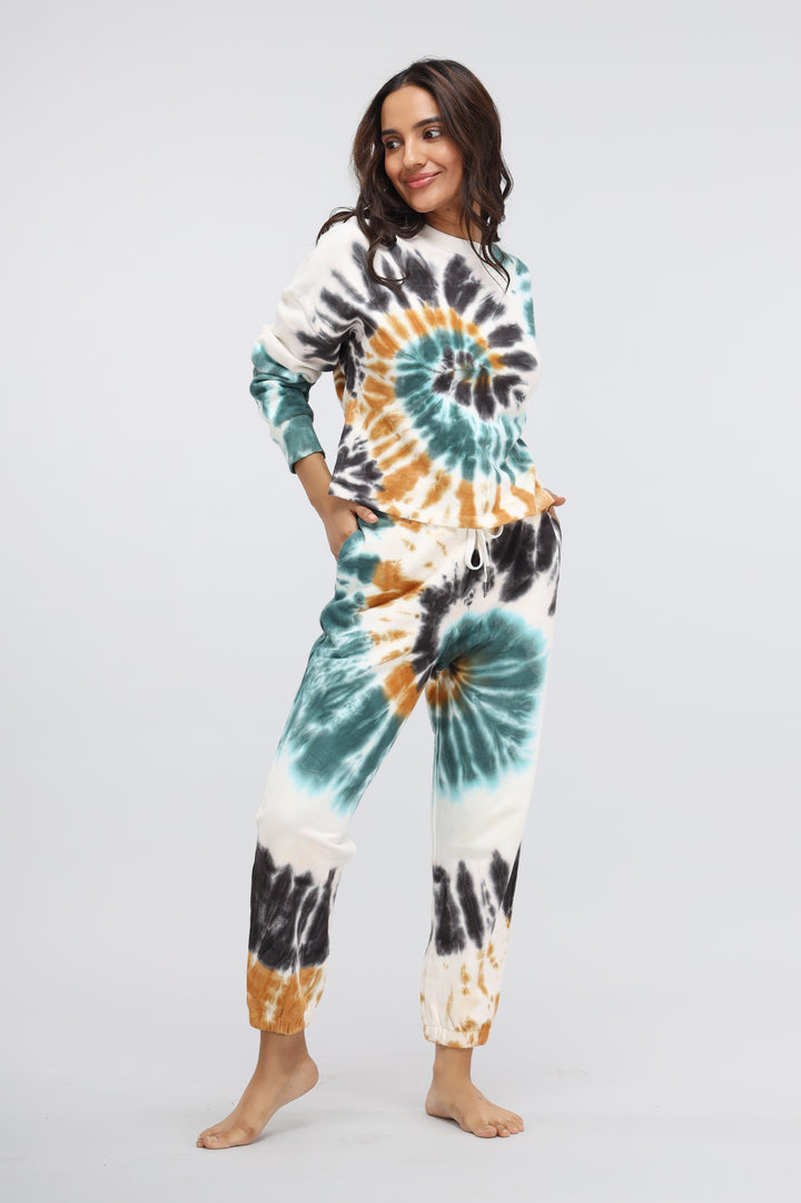 Tie-dye terry travel pant for stylish and comfortable travel wear.