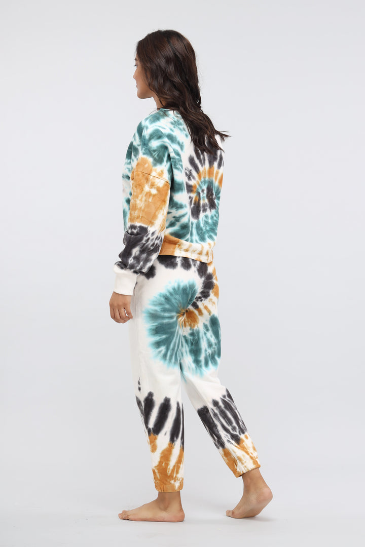 Tie-dye terry jogger set in teal, orange, and black colors.
