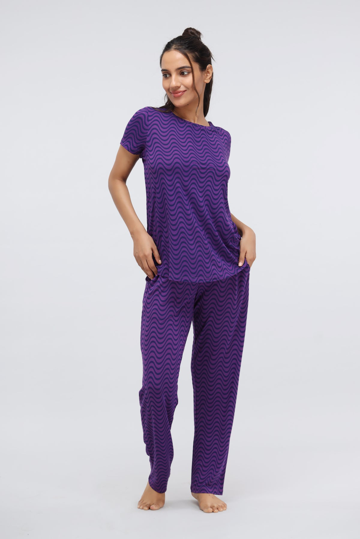 Purple wavy modal printed pajama set for comfortable sleeping.