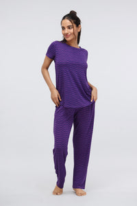 Purple wavy modal printed pajama set for comfortable sleeping.
