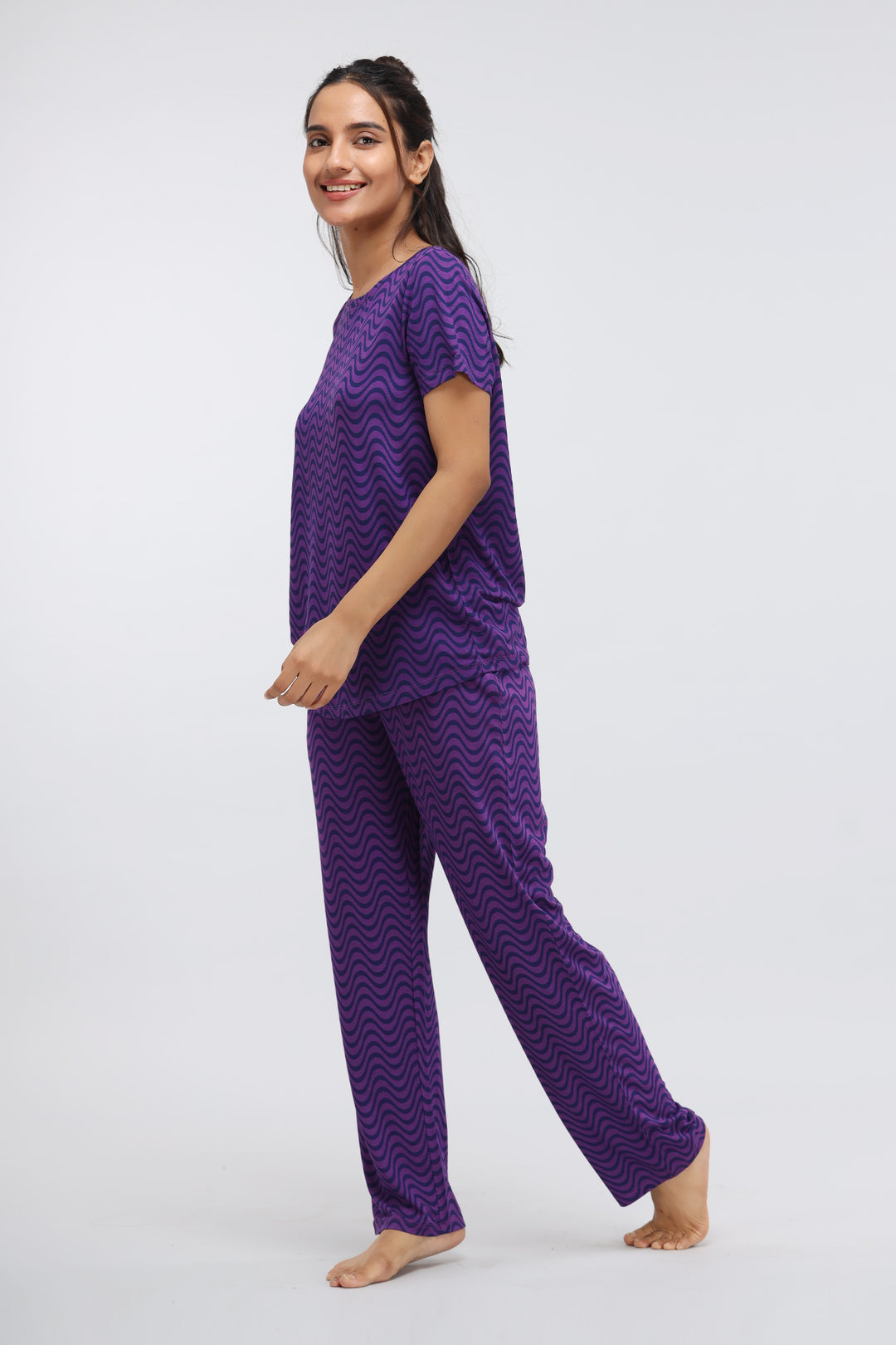 Purple Wavy Modal Printed Pajama Set