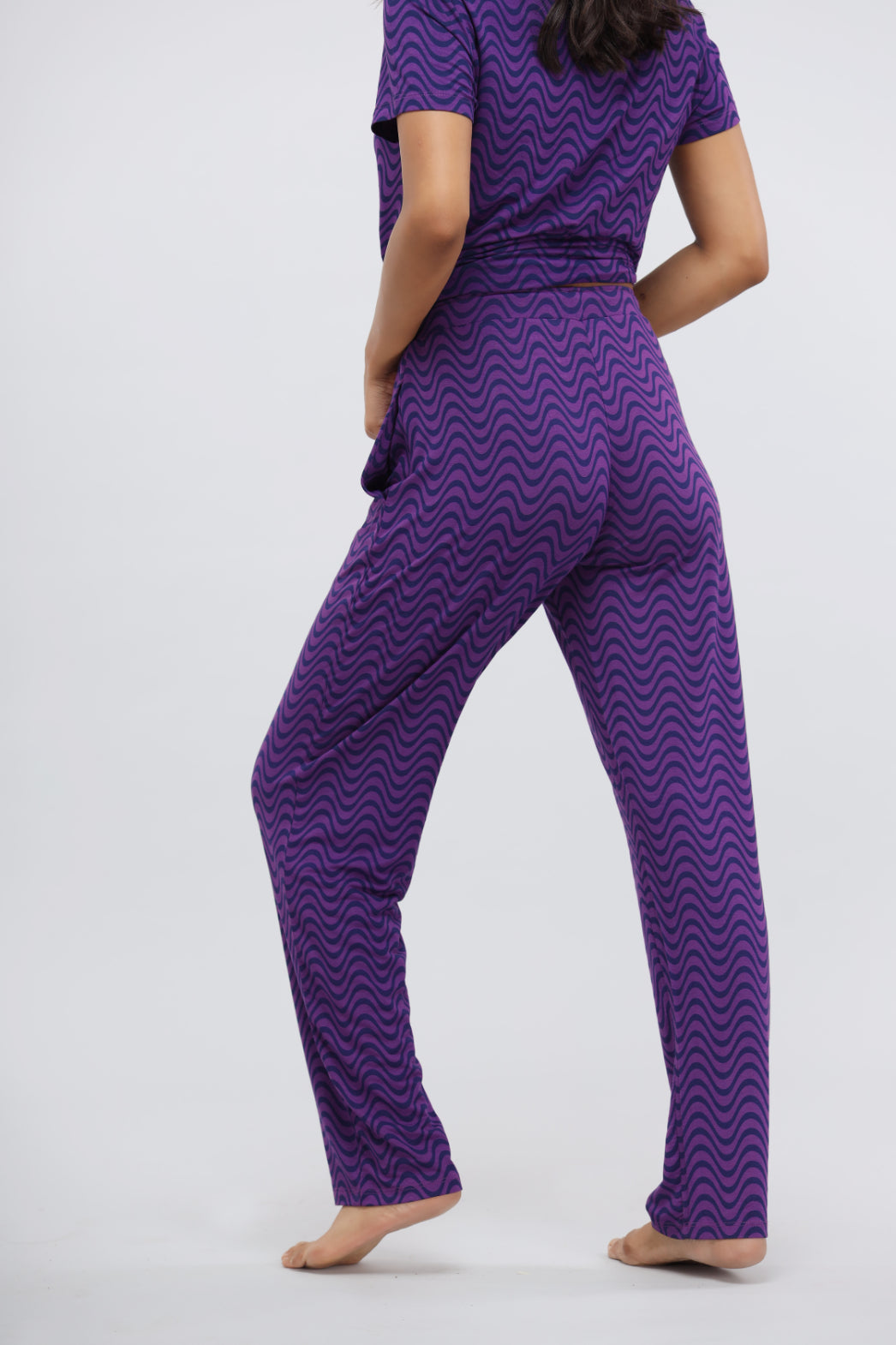 Purple wavy modal printed pajama set for comfortable lounging.