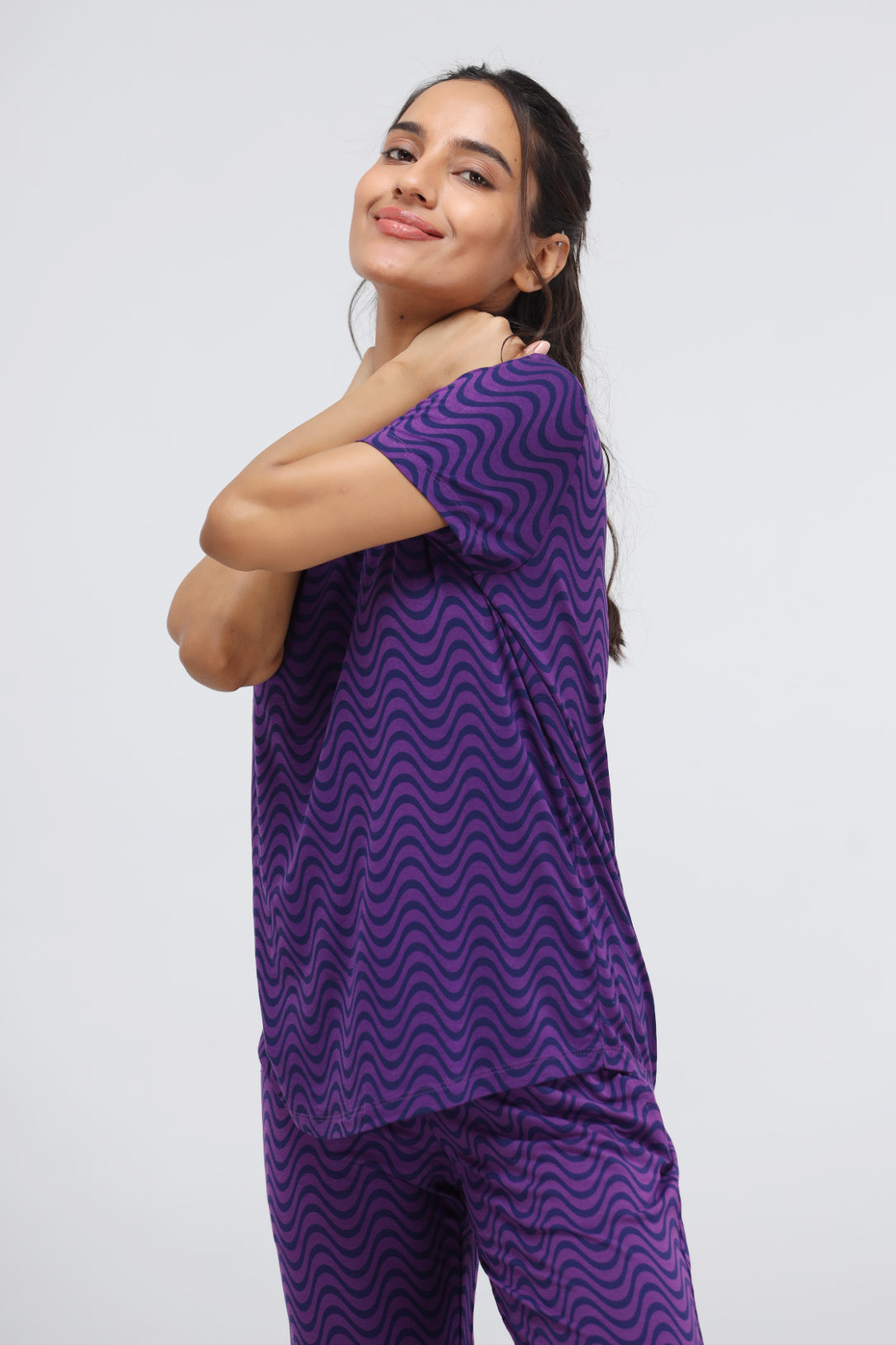 Purple wavy modal top, stylish and comfortable women's casual wear.