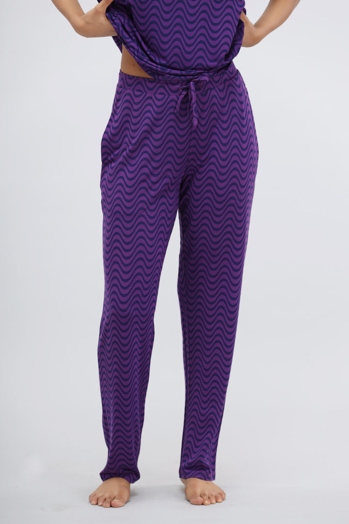 Purple wavy modal printed pajama set for comfortable lounging.