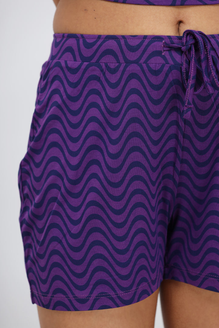 Purple wavy short set featuring stylish wave pattern and comfortable fit.