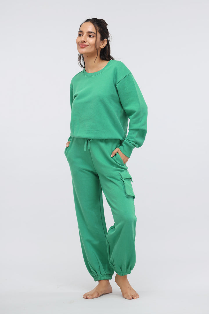 Green Bee Terry Jogger Pants with Patch Pocket for comfortable casual wear.