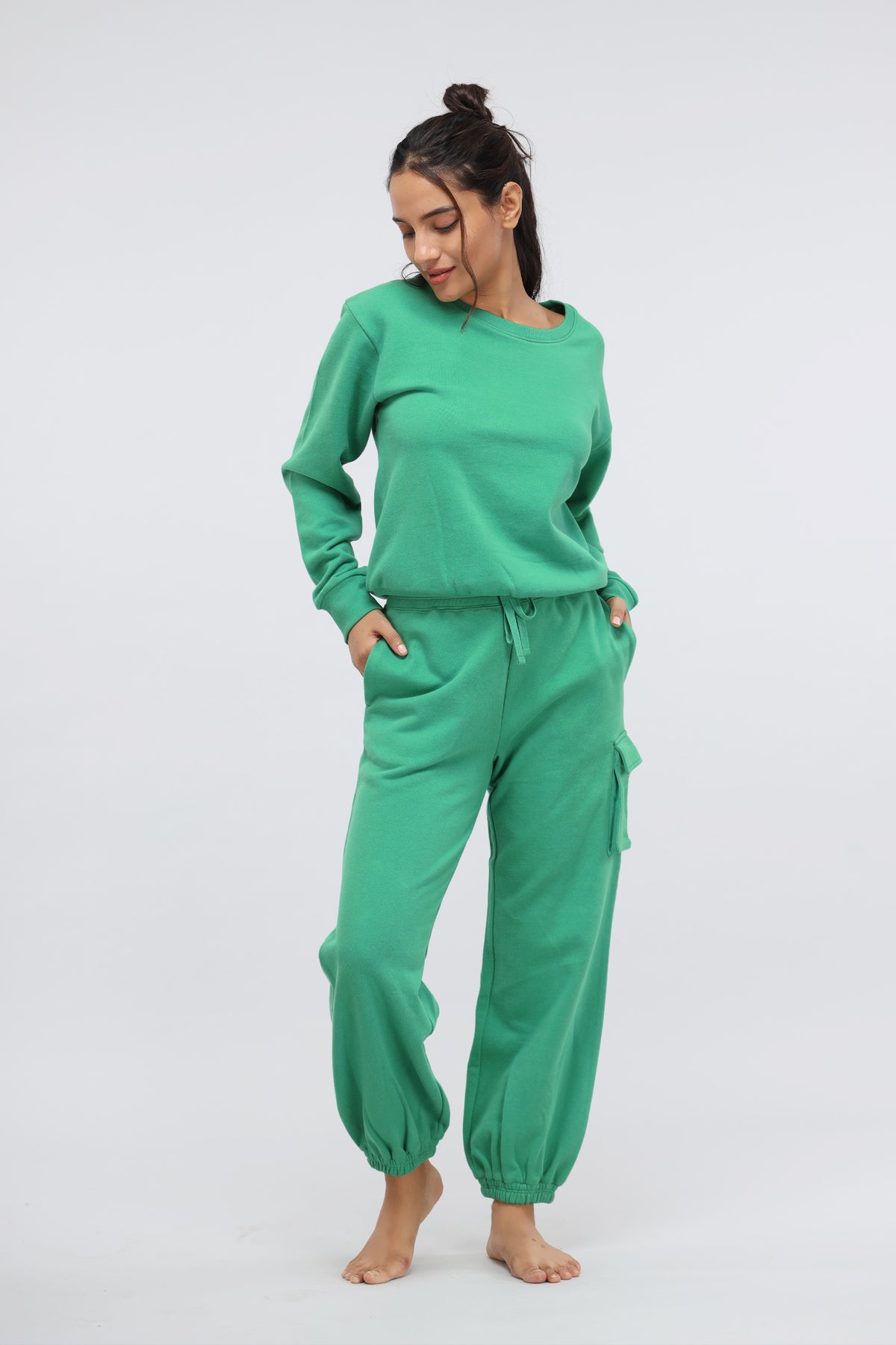 Green Bee Relaxed Terry Sweatshirt, comfortable women's loungewear set in vibrant green.