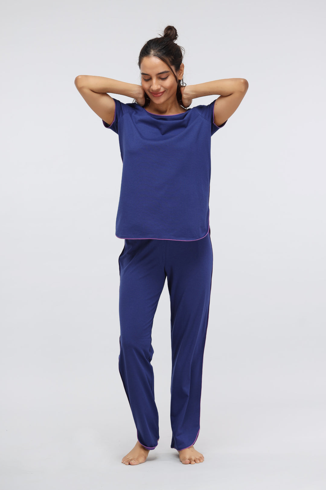Functional blue Supima® piping lounge top for comfortable lounging.