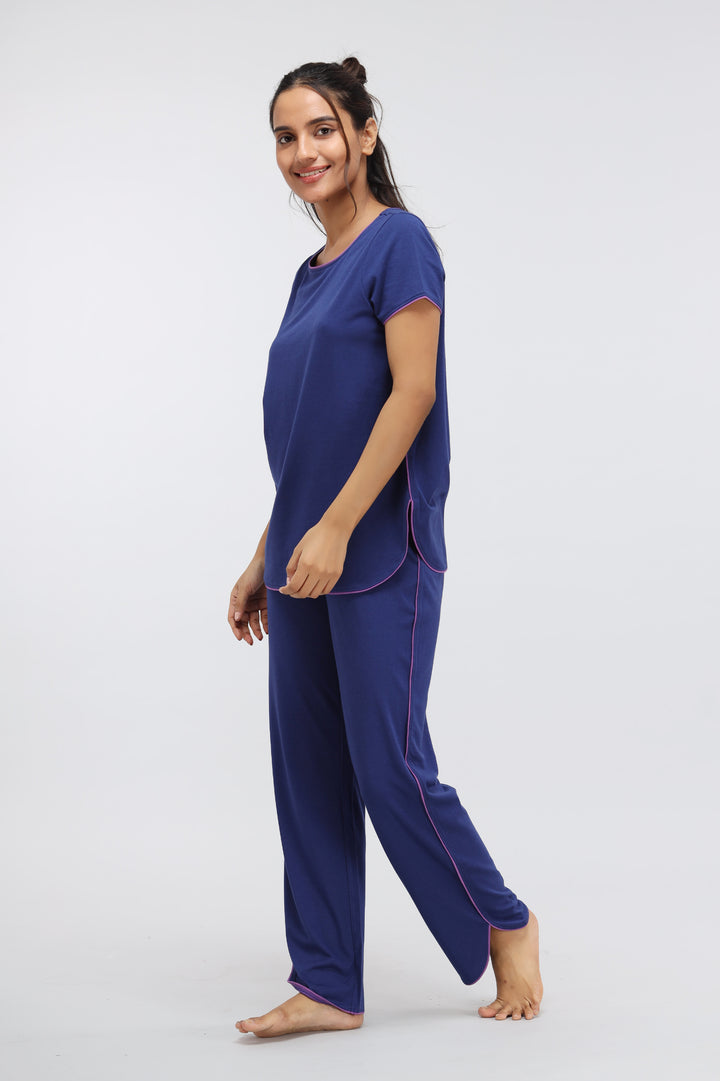 Functional blue Supima® piping lounge pant, stylish and comfortable for relaxation.