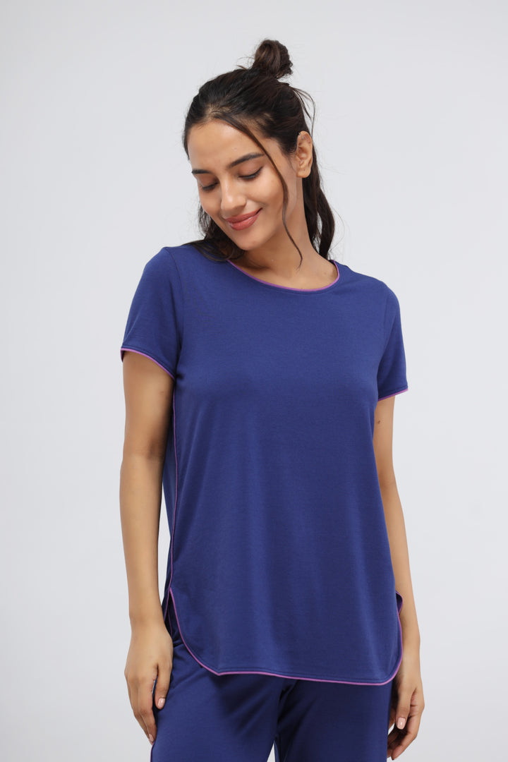 Functional blue piping Supima® pajama set for comfortable sleepwear.