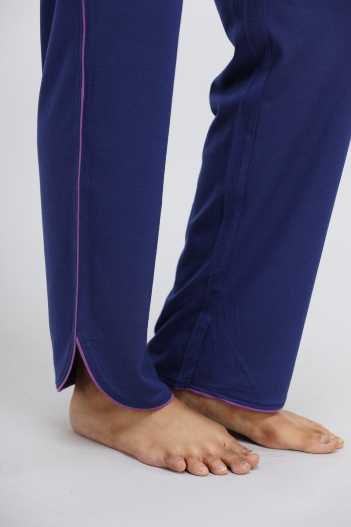 Functional blue piping Supima® pajama set with stylish side slits.