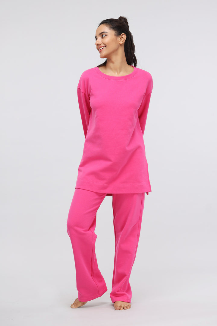 Pink long terry pullover set for comfortable and stylish lounging.