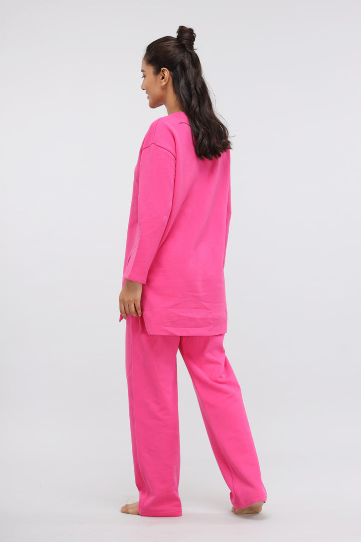 Pink long terry pullover set for women, stylish and comfortable loungewear.