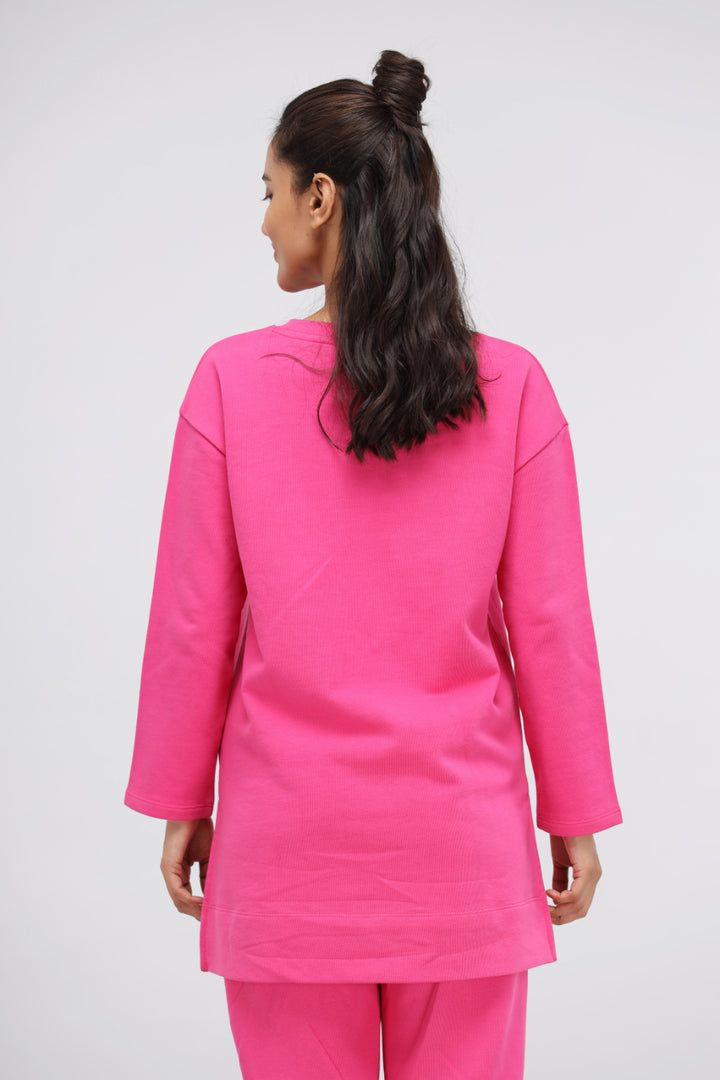 Back view of pink long terry pullover set for women.