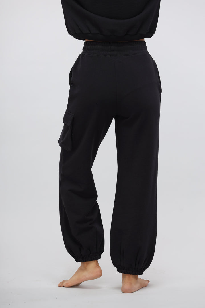 Jet Black Terry Jogger Set with pocket detail, perfect for casual wear.