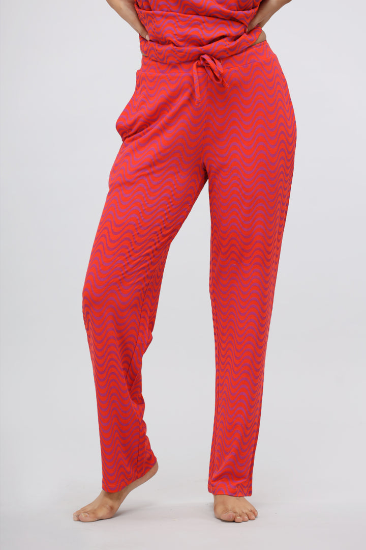 Orange wavy modal printed pajama set for comfortable sleepwear.