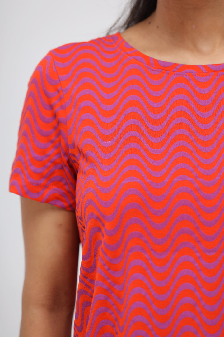 Orange wavy printed modal shorts set for stylish summer wear.