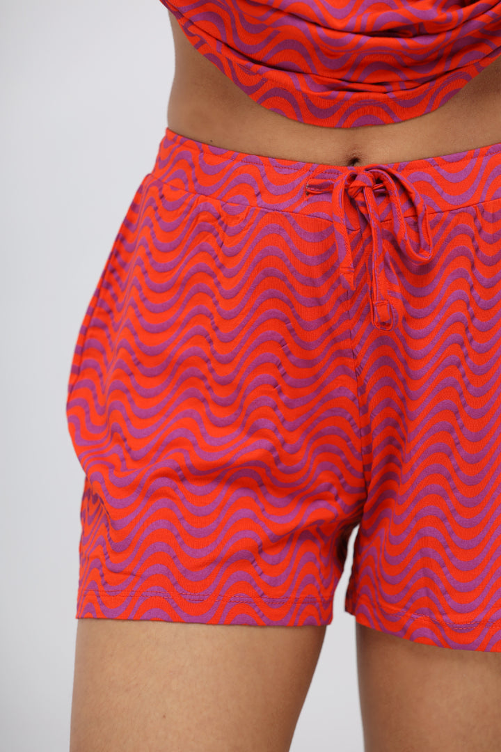 Orange Wavy Printed Modal Shorts Set