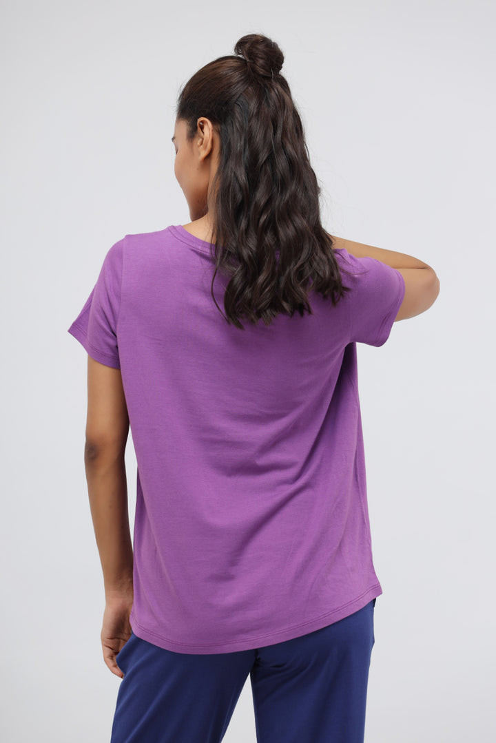 Meadow Violet Supima® V Neck Casual Top back view on model.