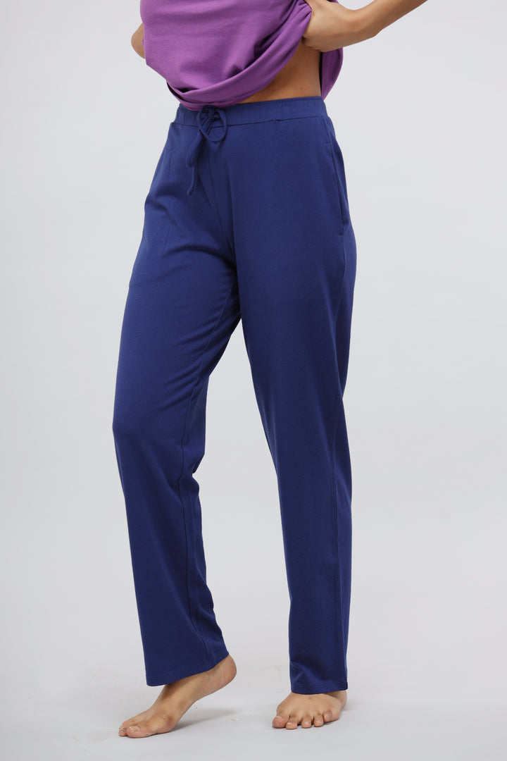 Blue Supima® lounge set featuring comfortable straight pants for women.
