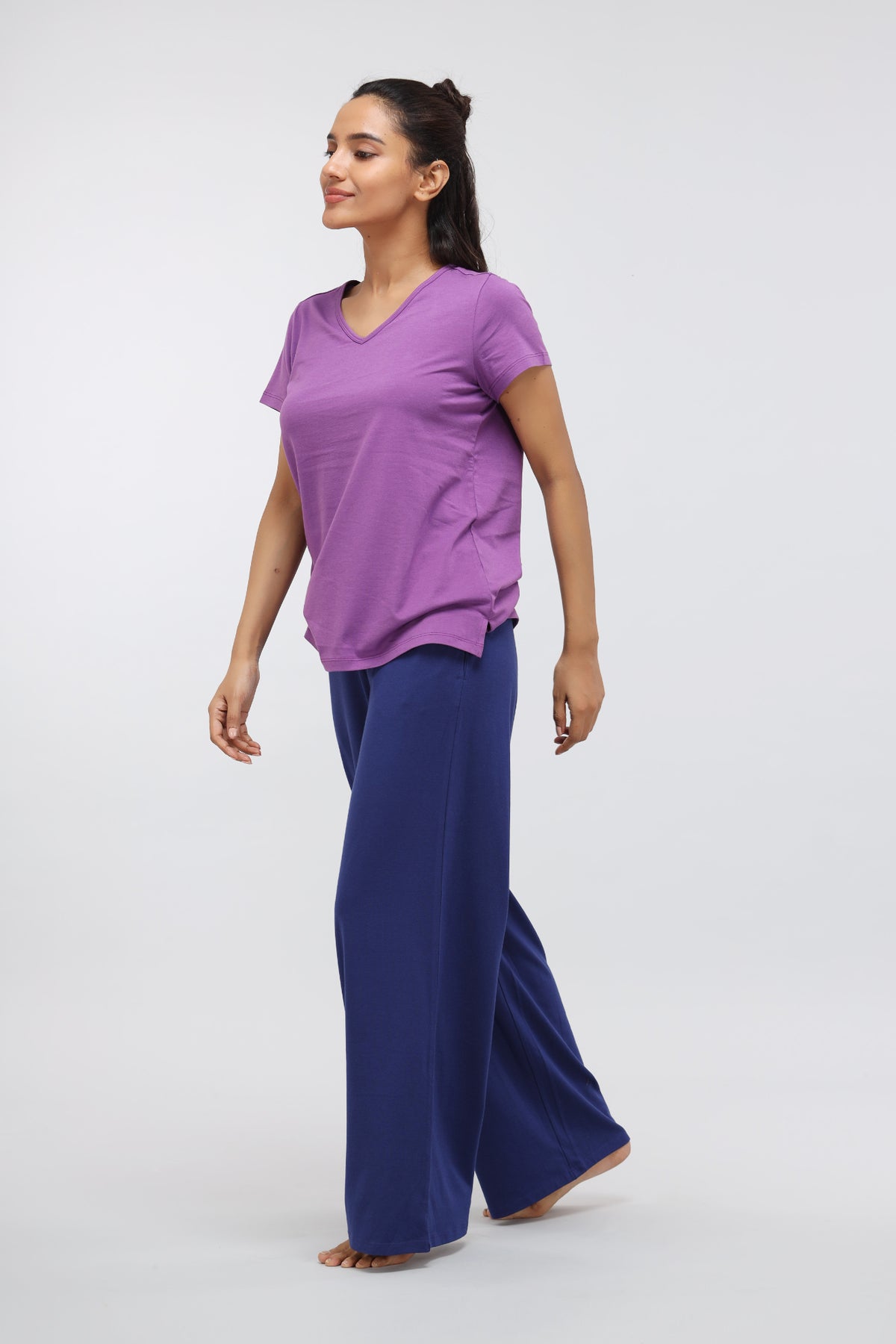 "Model wearing Functional Blue Flared Supima Lounge Set, stylish and comfortable attire."