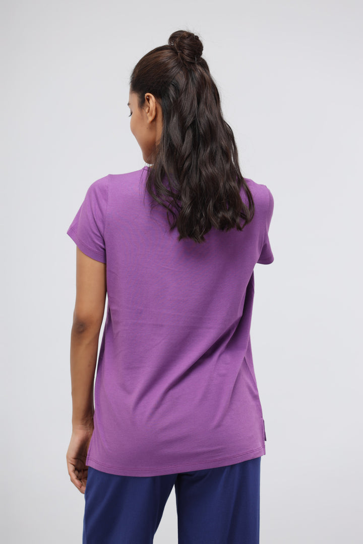 Back view of Meadow Violet Supima® Round Neck Casual Top for women.