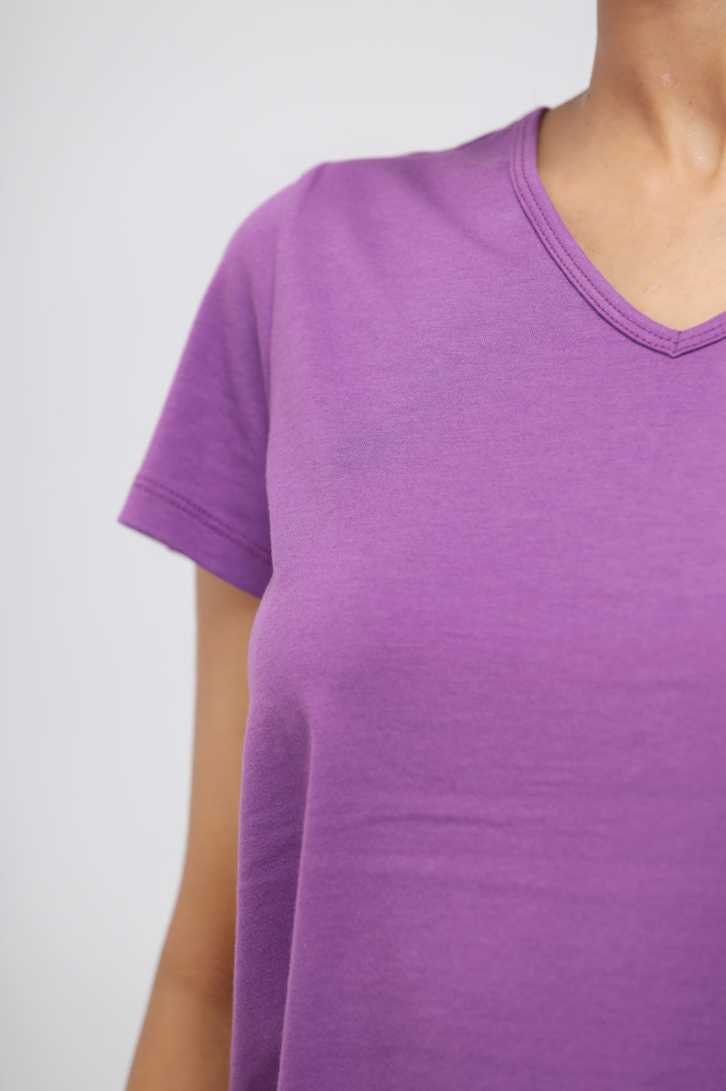 Meadow Violet Supima® V Neck Casual Top in soft purple fabric.