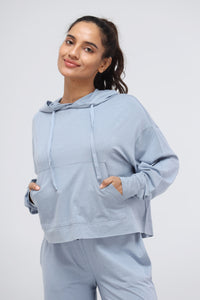 Dusty blue Luxflo travel hoodie for stylish casual comfort.