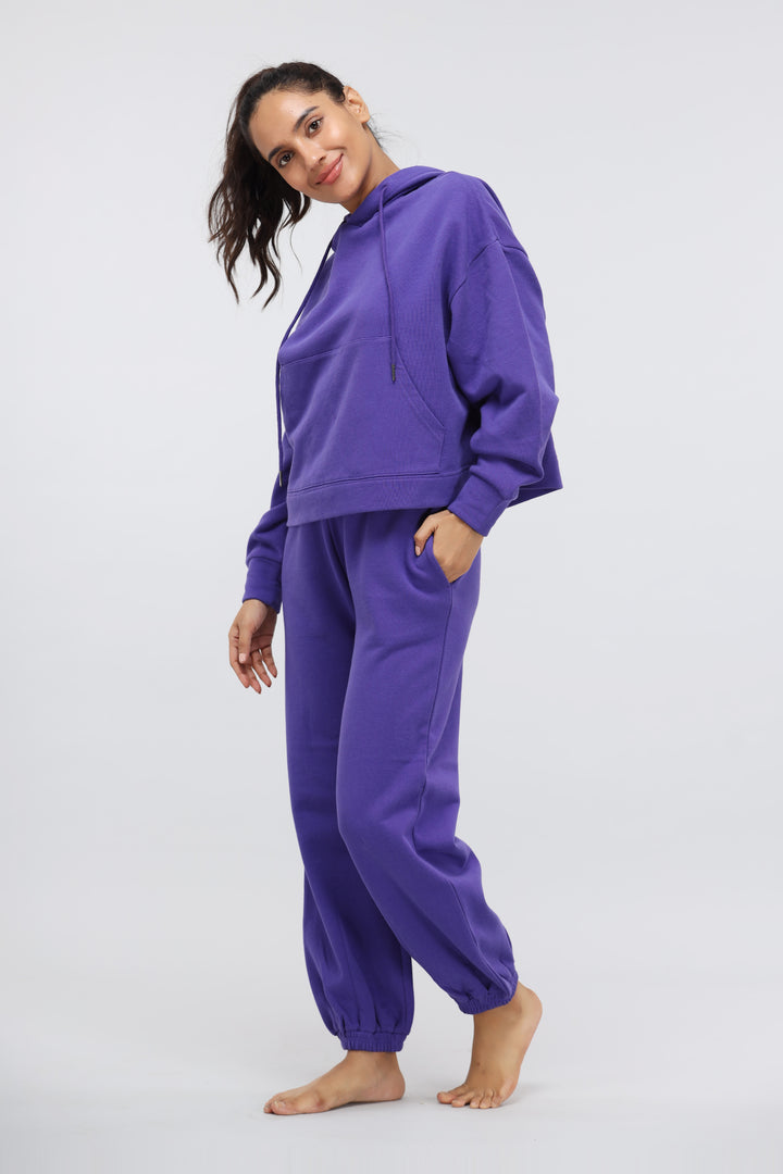 Deep Blue Terry Hoodie Set in vibrant purple. Casual and stylish loungewear.