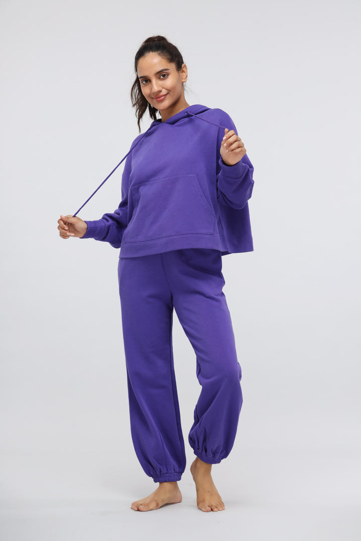 Deep Blue Terry Relaxed Jogger in vibrant purple with hooded top.