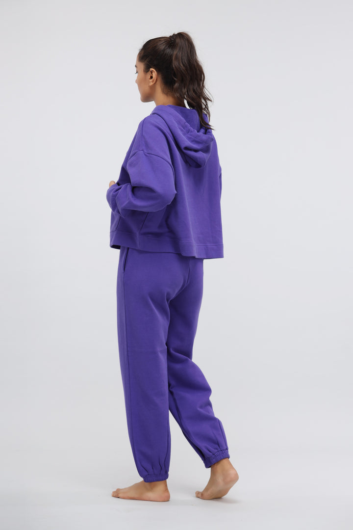 Deep Blue Terry Hoodie Set worn by model, showcasing stylish comfort.