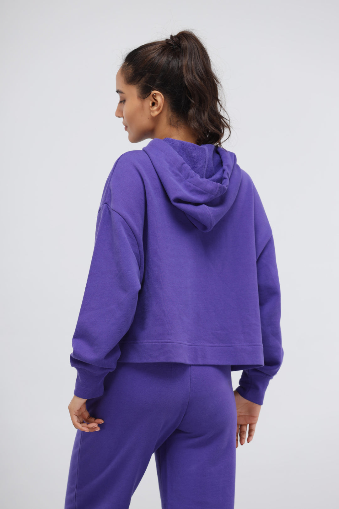 Deep Blue Terry Travel Hoodie back view on model.