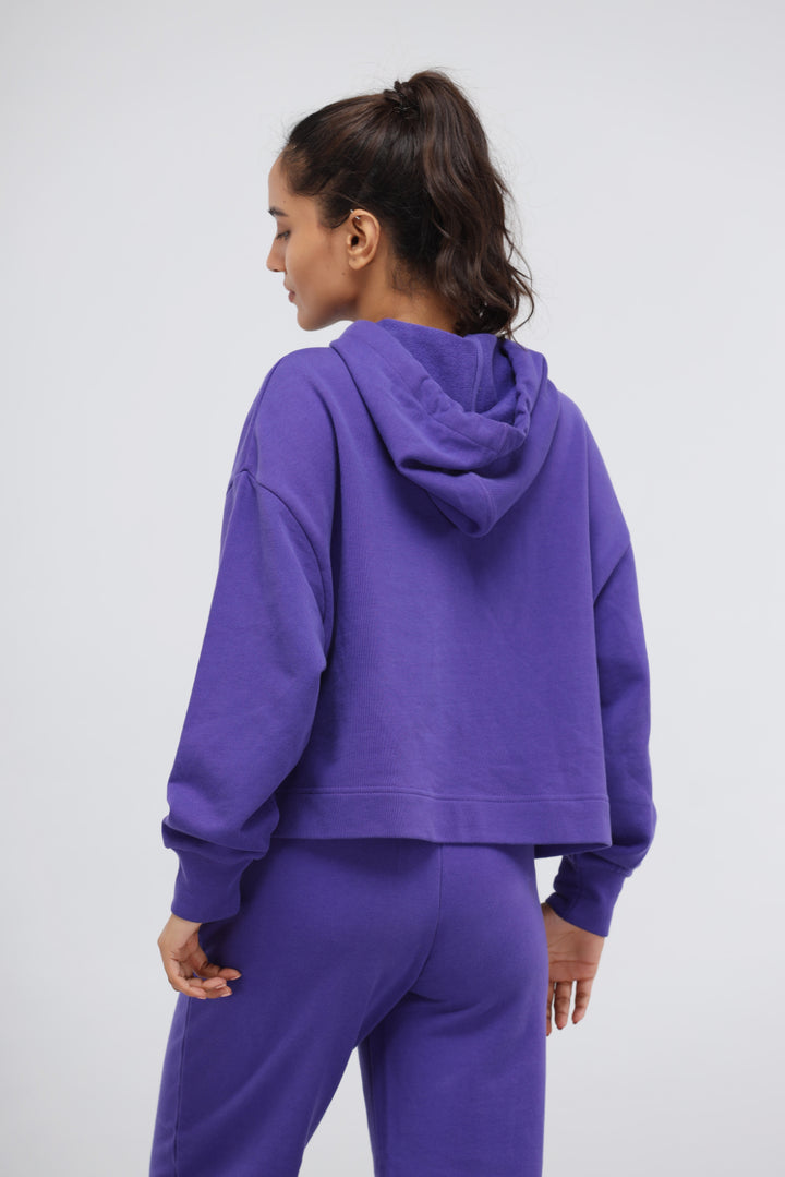 Deep Blue Terry Travel Hoodie back view on model.
