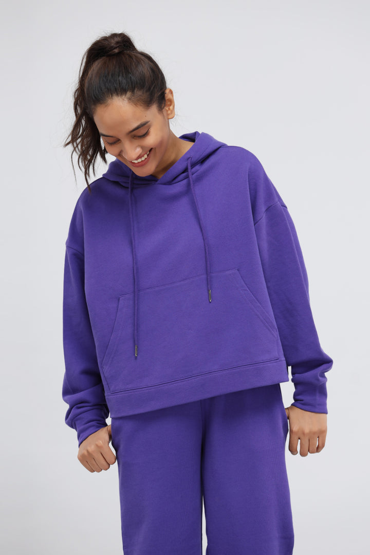 Deep Blue Terry Travel Hoodie in vibrant purple, perfect for travel and comfort.