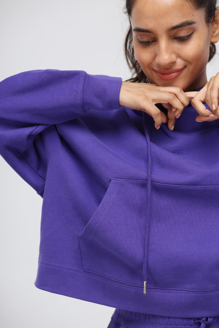 Deep Blue Terry Travel Hoodie with stylish cropped design.