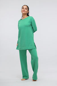 Green Bee Cotton Terry Pullover Set displayed on a model.