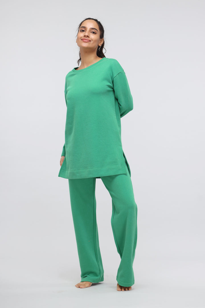 Green Bee Cotton Terry Pullover Set displayed on a model.