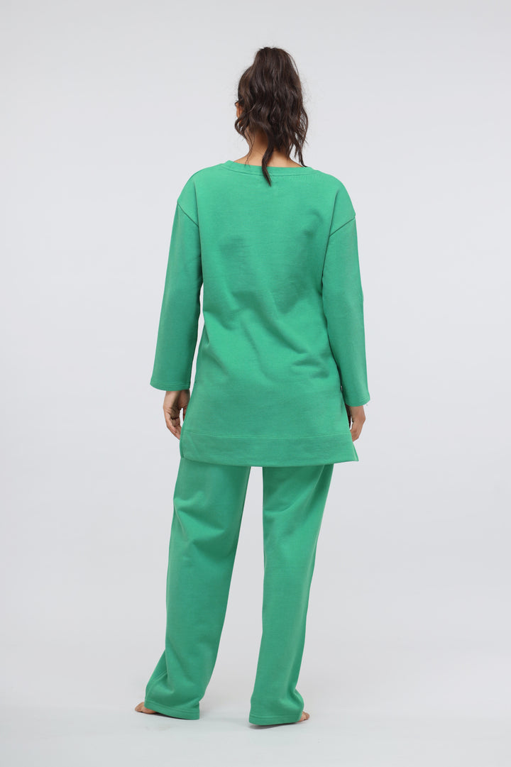 Green Bee Cotton Terry Pullover Set, back view of model.