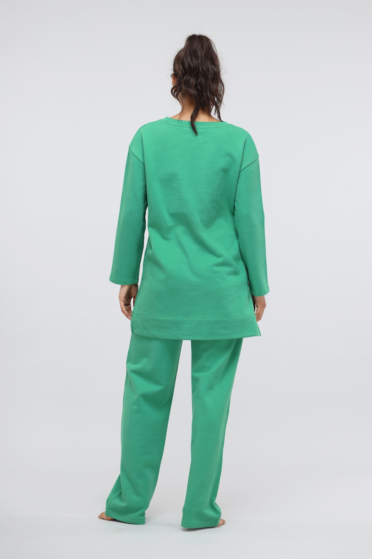 Green Bee Terry Long Pullover back view, casual and comfy outfit.