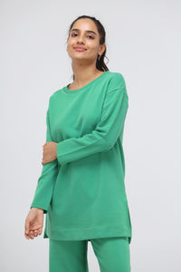 Green Bee Terry Long Pullover featured on a model.