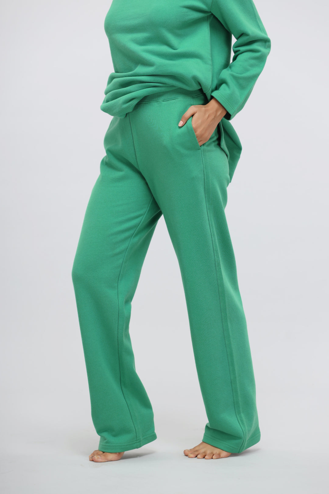 Green Bee Terry Straight Travel Pant in vibrant green color.