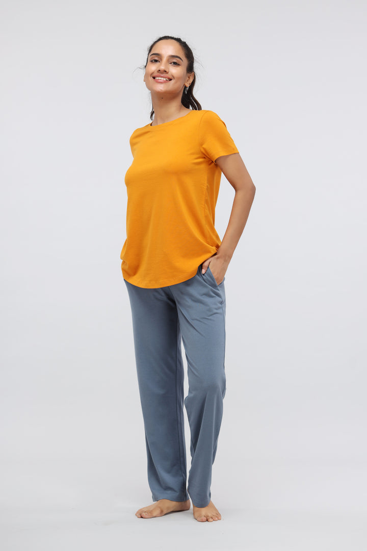 China Blue Supima® lounge set featuring a relaxed fit and vibrant colors.