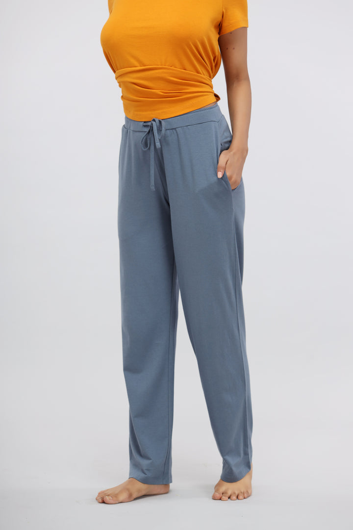 China Blue Supima® straight lounge pant on model, stylish and comfortable fit.