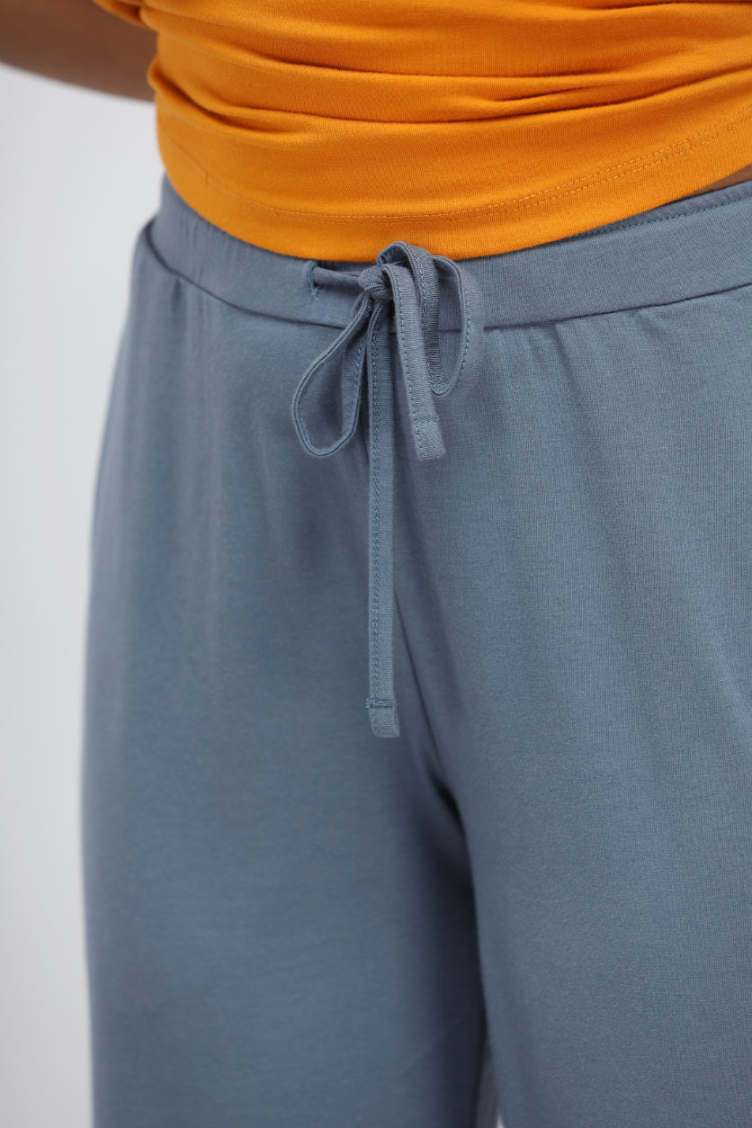 China Blue Supima® flared lounge pant with adjustable drawstring waist.