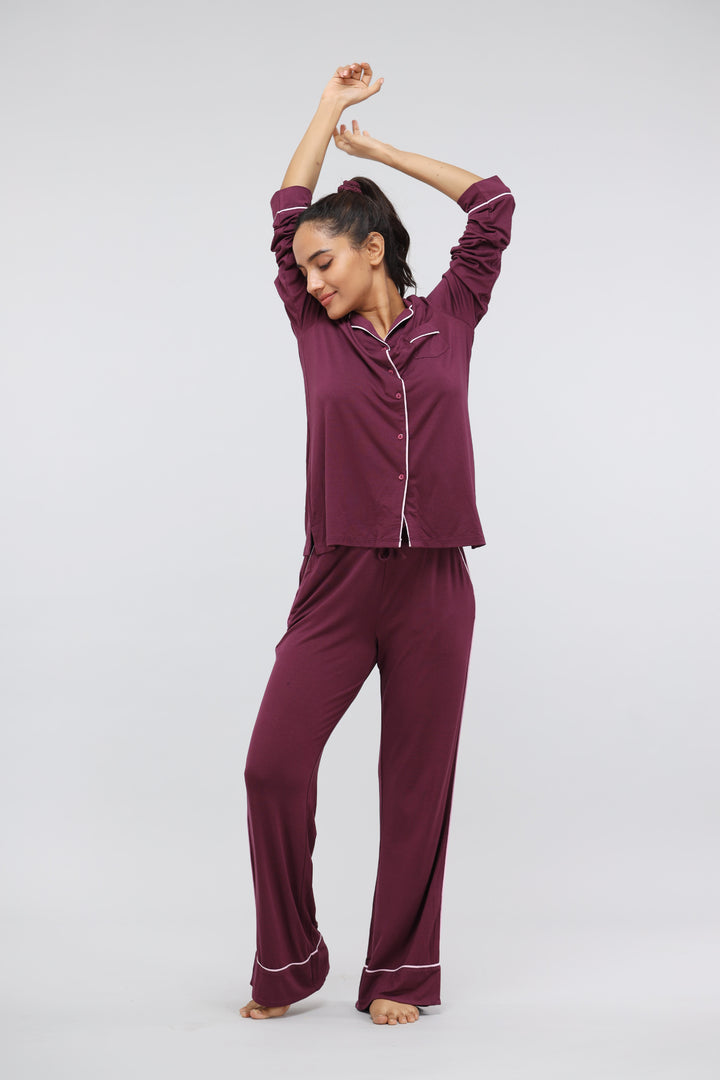 Wine Modal Piping Full Sleeve Top and pants set for women.