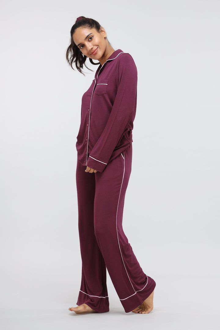 Wine piping full sleeve pajama set with modal fabric for comfortable lounging.